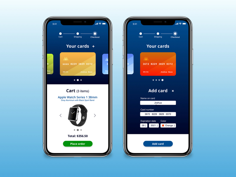 Checkout Page UI | Mobile E-Commerce add card app cart checkout credit card ecommerce flow iphone x mobile mobile app order shopping app ui ux user interface