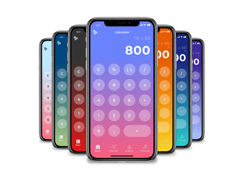 Calculator App with Custom Themes app calculator challenge colors concept customize dailyui financial gradient iphone x mobile settings theme themes ui