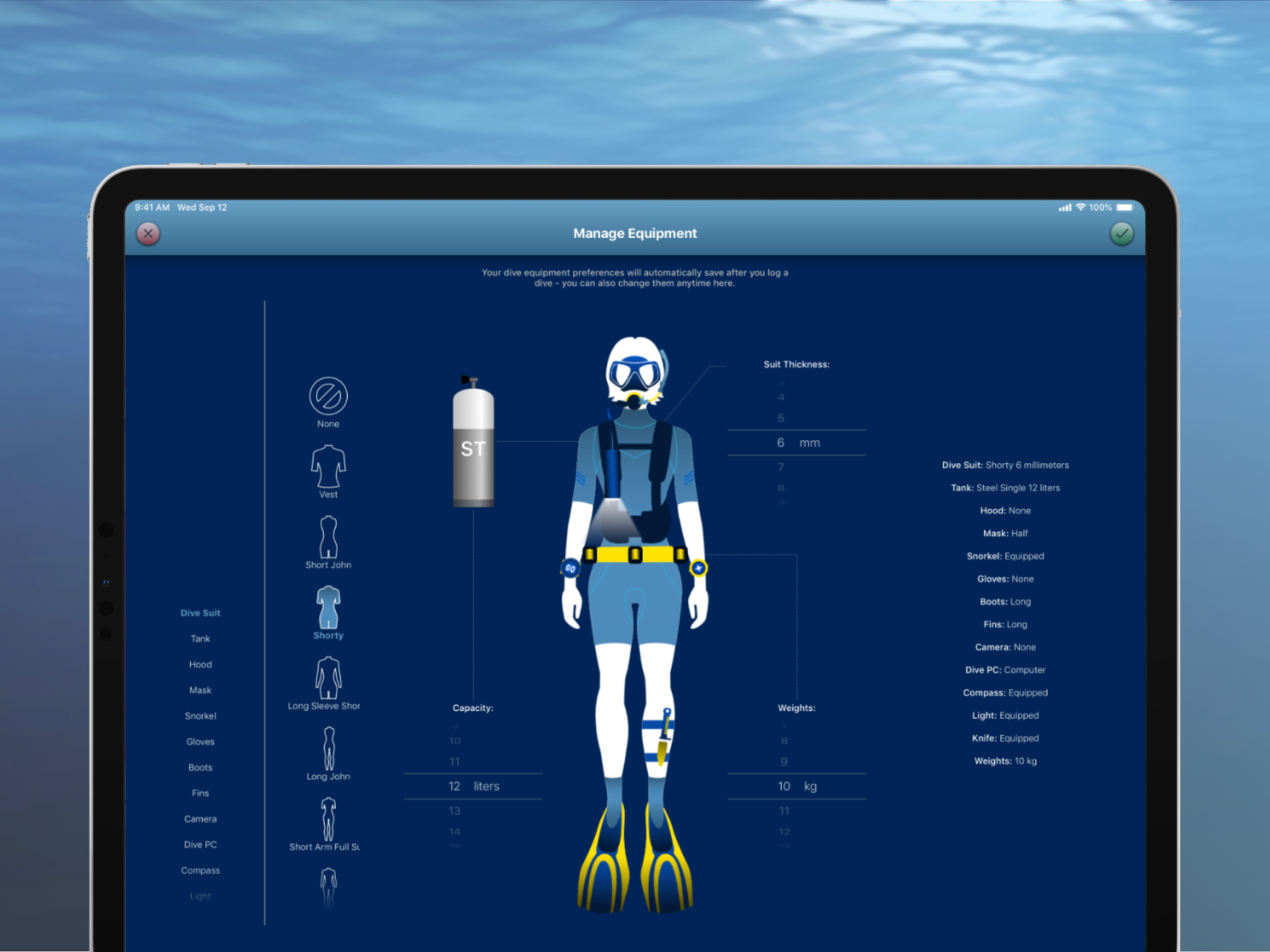 Breathe Scuba Dive Log App iPad Equipment View by Polly Taylor on Dribbble