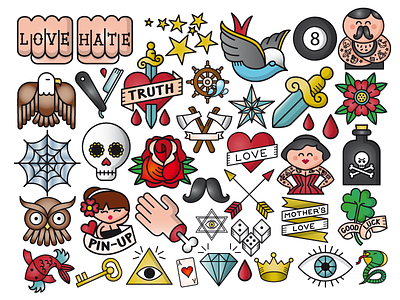 Line / Emojis - Old School Tattos cadiz design draw drawing graphic hate icon icons set illustration ilustracion line love oldschool picto tattoo design tattoos tatuajes truth vector vectorial