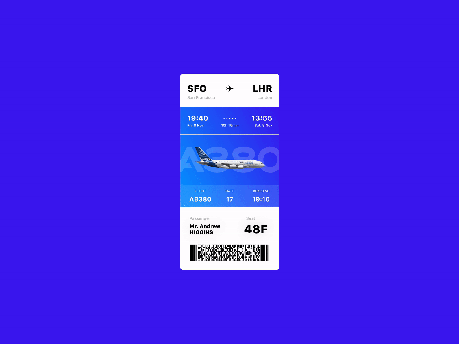 Airline Boarding Pass - Apple Wallet 3d airline animation apple barcode boarding pass design inspiration iphone scan seat ui wallet