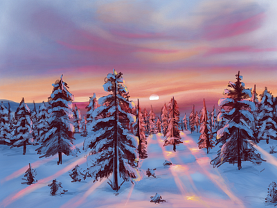 Snow forest under the sunset