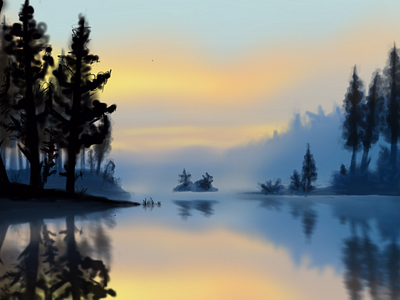 Forest, Lake and Sunset