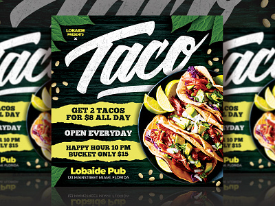 Taco Flyer Template advertising event flyer flyer design flyer template food flyer food menu illustration menu flyer party event party flyer restaurant flyer taco tuesday template design
