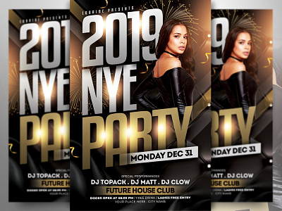 New Year Eve Flyer Template advertising birthday bash birthday flyer black and gold event event flyer flyer flyer design flyer template gold new year 2019 new year card new year eve new year flyer new year party party event party flyer print template design