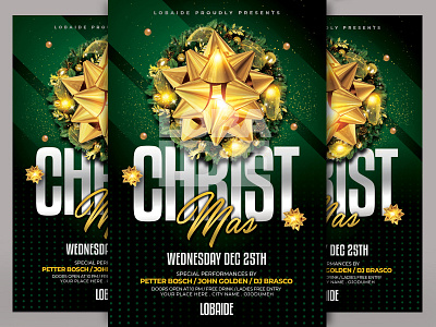 Christmas Flyer Template advertising christmas christmas card christmas flyer christmas party christmas tree event event flyer events flyer design flyer template gold graphic design green minimal party event print red template design templatedesign