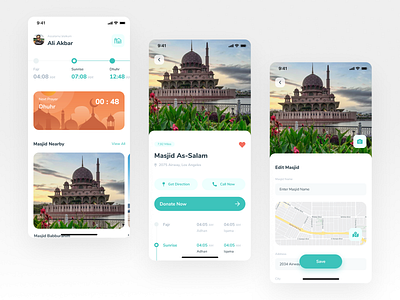 Muslim, Adzan and Mosque Application clean design clean ui design ui uidesign uiux ux ux ui uxdesign