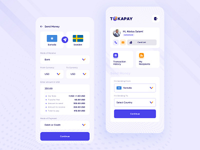 Tokapay Mobile App: Home & Send Money pages