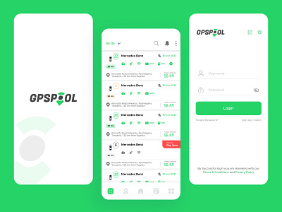 GPS Pool Mobile App: Splash, Login & Vehicle List page designs