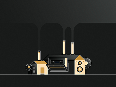 Dirty beats audio cassette tape design factory flat house icon illustration music smoke speaker tree vector