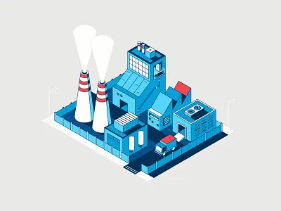 Isometric Factory block blue building design factory flat icon illustration isometric silo truck vector