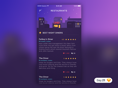 #21 | Diner Reviews | .sketch app daily ui dailyui diner download free freebie ios purple reviews sketch