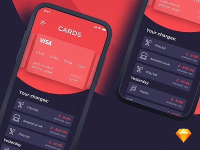 Card App | iOS blue card cards credit card dark freebie ios payment red ui