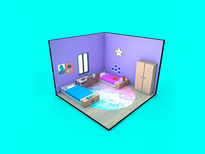 Low Poly Dorm Room 3d c4d cinema 4d cinema4d design interior interior design isometric low poly room