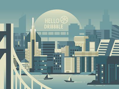 Hello Dribbble 2d city community debut dribbble first flat hello illustration shot society vector