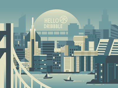 Hello Dribbble 2d city community debut dribbble first flat hello illustration shot society vector