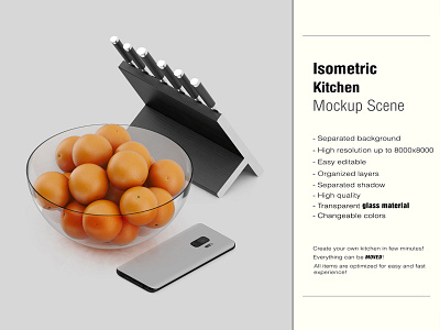 Isometric Kitchen Scene Mockup 3 interior isometric isometric interior isometric kitchen accessories isometric table kitchen kitchen mockup ma macbook pro mug samsung s9 teapot