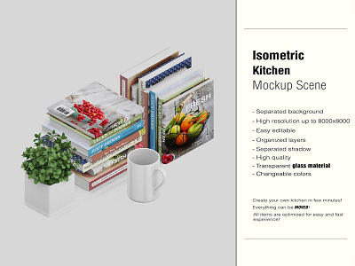 Isometric Kitchen Scene Mockup 4 interior isometric isometric interior isometric kitchen accessories isometric table kitchen kitchen mockup ma macbook pro mug samsung s9 teapot