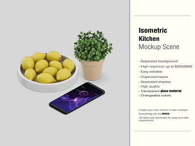 Isometric Kitchen Scene Mockup 7 interior isometric isometric interior isometric kitchen accessories isometric table kitchen kitchen mockup ma macbook pro mug samsung s9 teapot