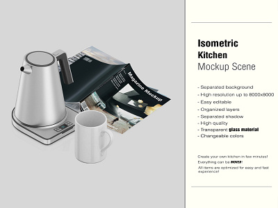 Isometric Kitchen Scene Mockup 8 interior isometric isometric interior isometric kitchen accessories isometric table kitchen kitchen mockup ma macbook pro mug samsung s9 teapot