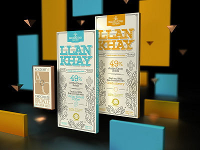 Llankhay Packaging branding bronze chocolate cocoa golden berry graphic design orange organic packaging photoshop render sky blue