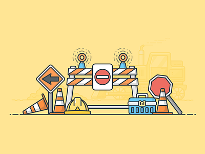 Roadblock bulldozer construction design detour hardhat icon illustration illustrator roadwork stop sign vector