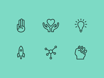 Core Value Icons complex fist heart honor icon lightbulb rocket ship stroke teal