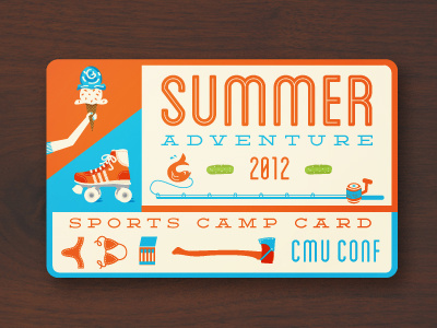 Summer Camp Card adventure axe blue camp card conference ice cream id illustration orange pickle print roller skate skate sports suit summer swim typography vector