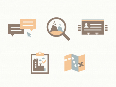 Icons In Progress brown bubbles chat clipboard icon illustration land magnifying glass map mountains orange text vector web