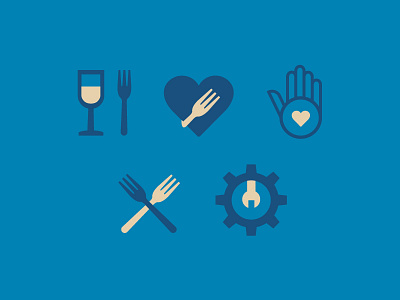 GrubTonight App Iconography blue cog fork gold heart high five icon settings tan wine hand wrench
