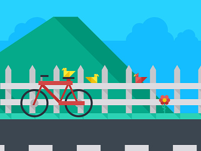 Facebook cover axial bicycle bird fence flat happy illustration mountain road sky