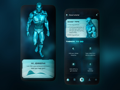 Futuristic sci-fi voice assistant 3drobot alexa creative design glass gradient icon mobile app neon noise robot scifi ui ux voiceassistant