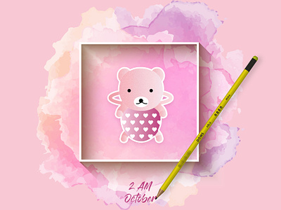 Pencil Teddy Illustration boxed clean color concept creative cute design girl illustraion layout minimal modern october paint pencil pink simple teddy bear template vector