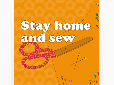 stay home and sew 1960s cute design funky illustration retro vector