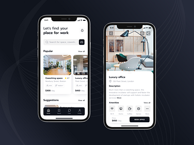 Noto Estate | Office Booking Application booking clean dark design ios minimalism mobile mobile app office real estate search ux