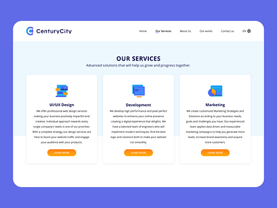 Century City: Our Services Section blue cards clean color design graphic icon iconography illustration logo orange popular top ui user experience user interface ux web website white