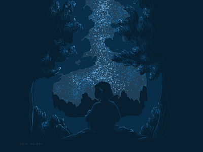 In the night blue characer children illustration digital drawing illustration landscape night night sky photoshop poster silhouettes star wacom