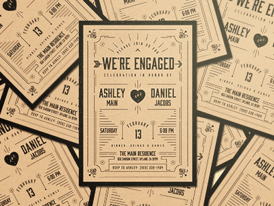 We're Engaged Invitations 5x7 black brown hearts invitation lines paper texture valentines wedding were engaged