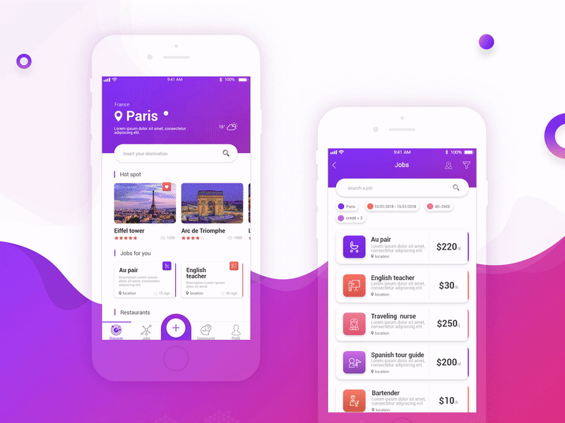 Work & Walk app animation add animation interaction job job app pink ui violet walk work