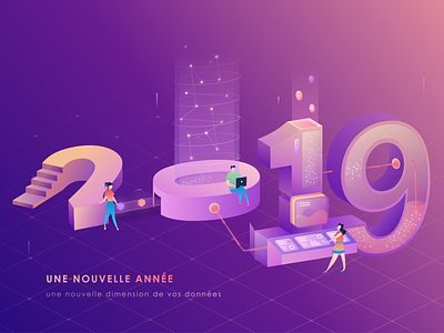 New Year Card 2019 2.5d 2019 3d data data transform digitalization illustration isomatric light new year new year card number purple typography wish wish card