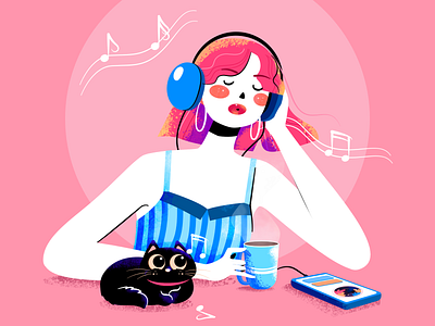 Illustration for Music App app blackcat cat character colorful headphone illustration listen music music player pink relaxing texture yendao