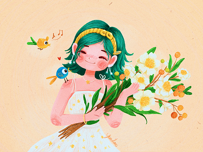 Melody Songs bird character cute flower girl happy illustration love procreate song yendao