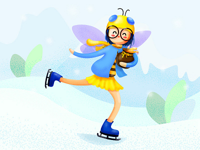 Honeybee Character bee character happy honey honeybee illustration ski smile snowy