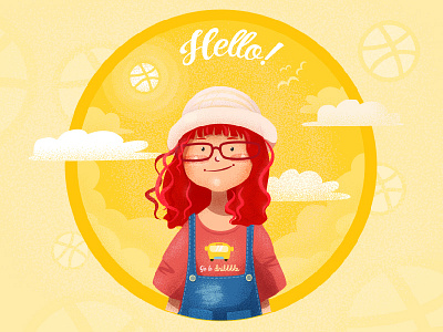 Hello Dribbble! character circle debut dribbble grain happy hello illustration portrait redhair summer yellow