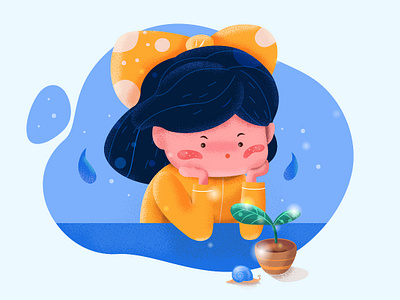 The little girl blue bow tie character cute grain illustration little girl pot seedling sit snail table tree yellow yendao