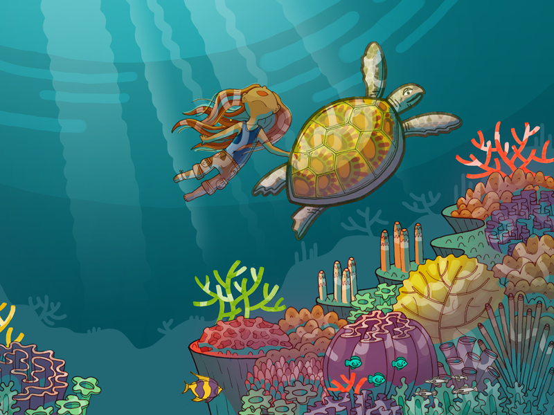 The Brave Turtle coral reef. ocean childrens book illustration kid lit turtle