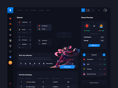 League of Legends brackets - tournament dashboard app colorful dashboard design games gaming league of legends lol ui user interface web website