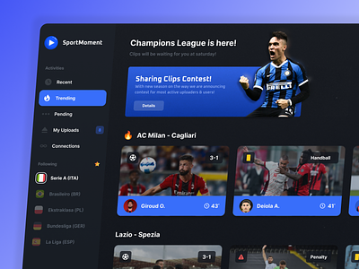 Sharing sport clips - Desktop Platform app clips colorful design football soccer sport ui user-interface ux videos web website youtube