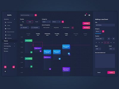 Streaming platform planner/schedule calendar dashboard design gradient planner schedule ui user interface web