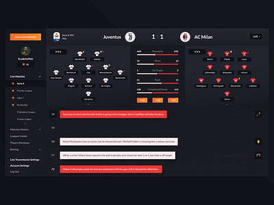 Football App • Live Match app betting dark design football juventus milan raport ui user interface web website